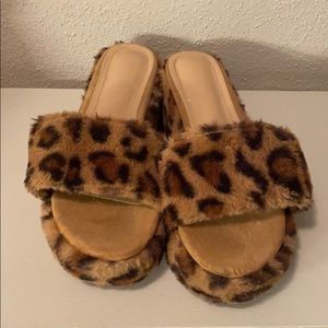 furry leopard slide sandal